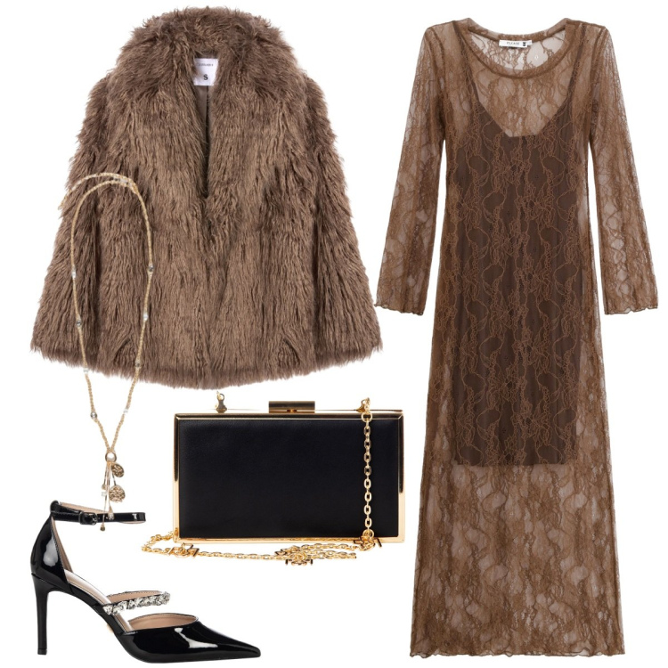Outfit donna - Total look #2254370. Stile Chic per Serata fuori. Abbinamento con ecopellicce, vestiti lunghi, pochette, décolleté, ciondoli.