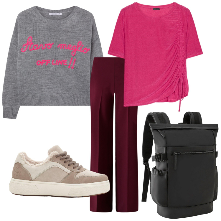 Outfit donna - Sportiva con lo zaino. Stile Sporty chic per Tutti i giorni. Abbinamento con sneakers, zaini, maglieria, pantaloni a palazzo, t-shirt.