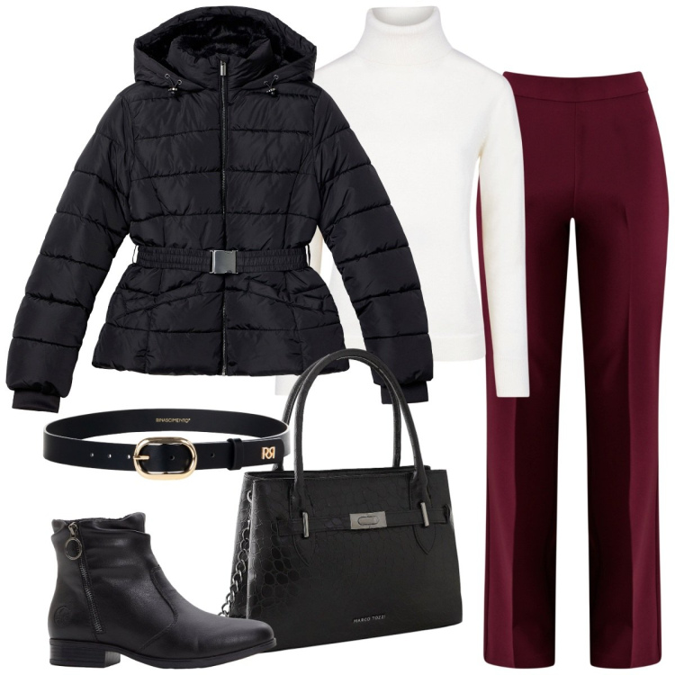 Outfit donna - Total look #2254373. Stile Casual chic per Tutti i giorni. Abbinamento con borse a mano, stivaletti, blazer, pantaloni a palazzo, cinture, maglieria.
