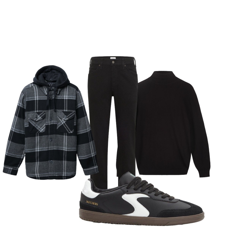 Outfit uomo - Total black. Stile Casual per Tutti i giorni. Abbinamento con sneakers, jeans dritti, giacche, maglieria.