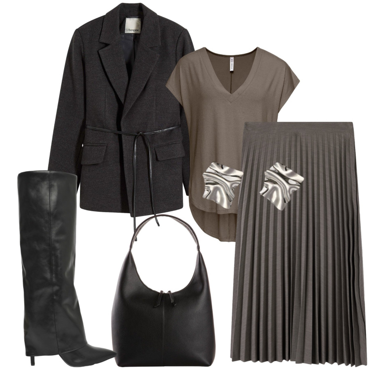 Outfit donna - Inoubliable!. Stile Glamour per Tutti i giorni. Abbinamento con maglieria, shopping bag, blazer, gonne lunghe, stivali, orecchini.