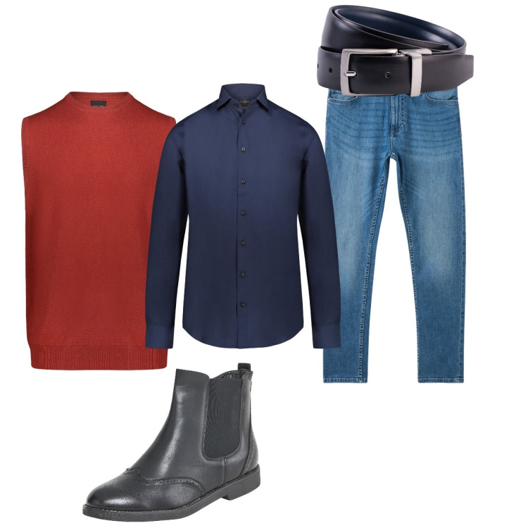 Outfit uomo - In ufficio. Stile Casual per Ufficio. Abbinamento con stivali e stivaletti, jeans skinny, camicie, gilet, cinture.