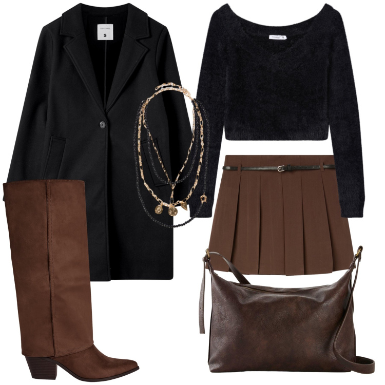 Outfit donna - Terra bruciata!. Stile Glamour per Tutti i giorni. Abbinamento con borse a tracolla, minigonne, cappotti, maglieria, stivali sopra il ginocchio, collane.