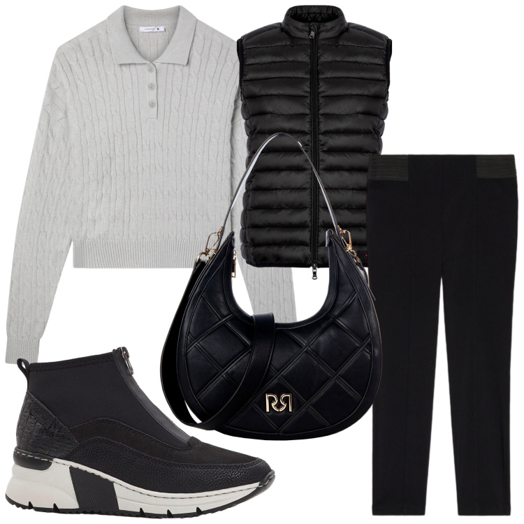 Outfit donna - Sportiva con lo smanicato. Stile Sporty chic per Tutti i giorni. Abbinamento con sneakers, t-shirt, borse a tracolla, piumini, jeggings.
