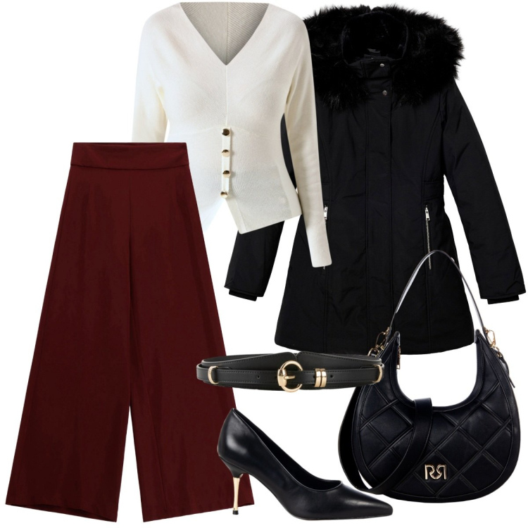 Outfit donna - Total look #2254382. Stile Urban per Ufficio. Abbinamento con cinture, parka, borse a tracolla, décolleté, maglieria, pantaloni a palazzo.