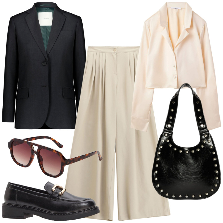 Outfit donna - Bantoa- Fall Mid Season Sale. Stile Casual chic per Ufficio. Abbinamento con occhiali da sole, mocassini, camicie, pantaloni a palazzo, blazer, borse a spalla.