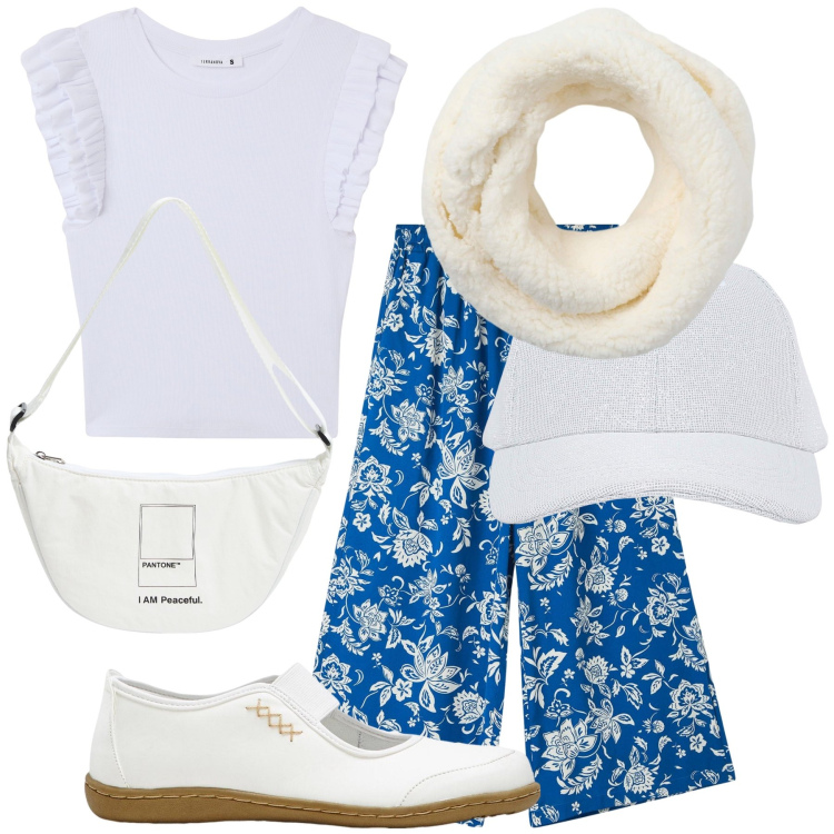 Outfit donna - Due passi la domenica mattina. Stile Casual per Tutti i giorni. Abbinamento con ballerine, pantaloni a palazzo, marsupi, cappelli con visiera, t-shirt, sciarpe.
