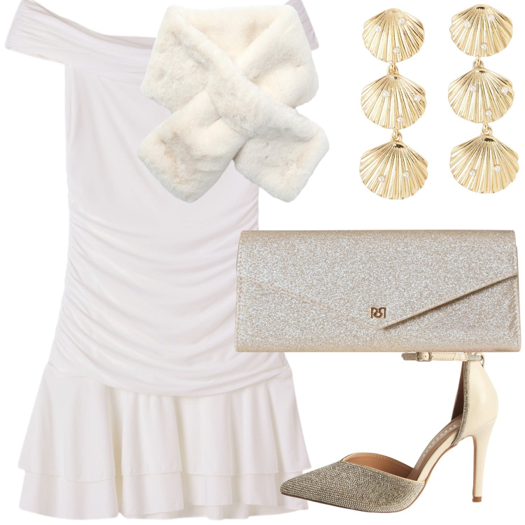 Outfit donna - La sposa davanti al mare. Stile Glamour per Cerimonia. Abbinamento con vestiti corti, orecchini, décolleté, sciarpe, pochette.