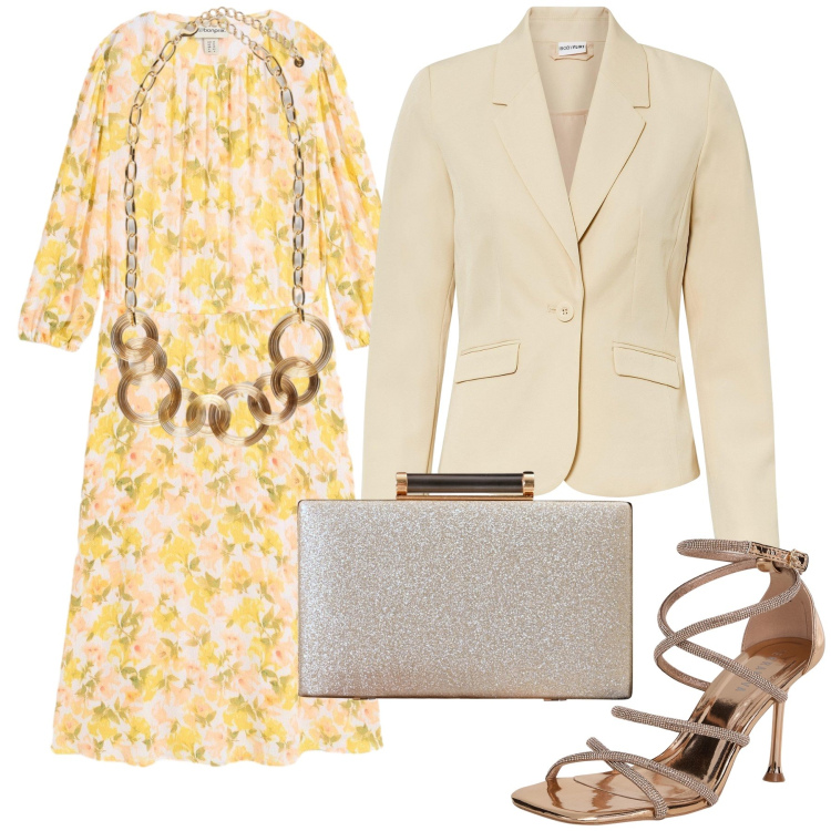 Outfit donna - Pronta per la cerimonia. Stile Bon Ton per Cerimonia. Abbinamento con blazer, vestiti, sandali col tacco, clutch, collane.