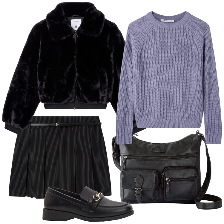 Outfit donna - La mini. Stile Preppy per Tutti i giorni. Abbinamento con borse a tracolla, mocassini, minigonne, maglieria, ecopellicce.