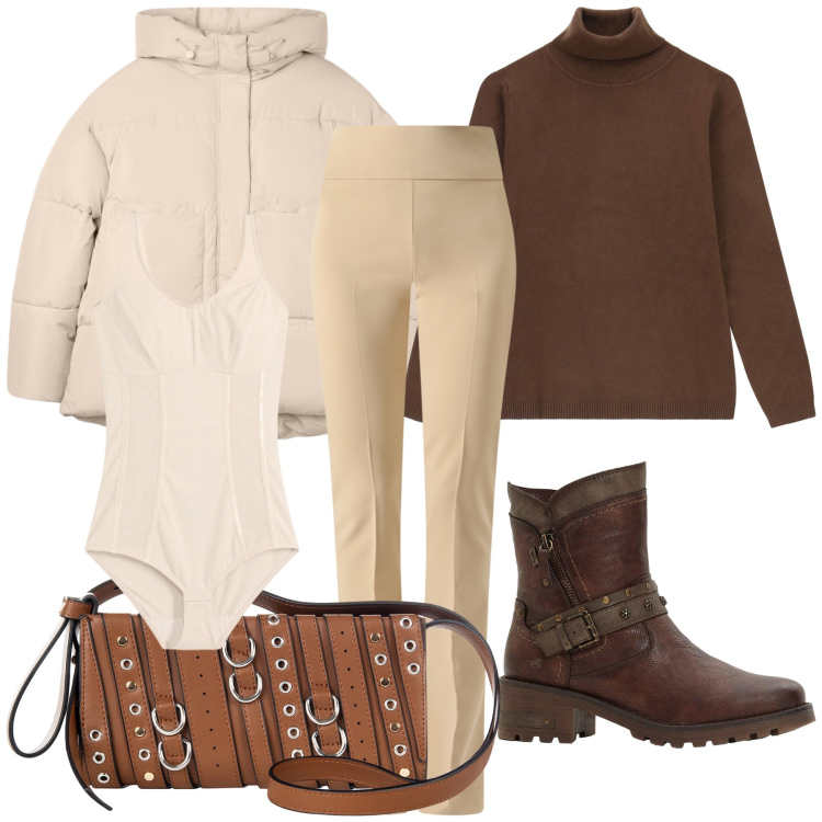 Outfit donna - Ben coperta. Stile Trendy per Tutti i giorni. Abbinamento con body, stivaletti, bomber, borse a spalla, pantaloni, maglieria.