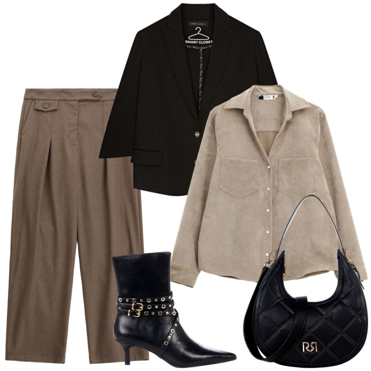 Outfit donna - Stivaletti per l\'autunno. Stile Trendy per Tutti i giorni. Abbinamento con pantaloni, camicie, borse a tracolla, stivaletti, blazer.