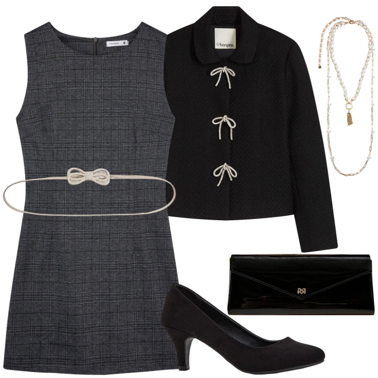 Outfit donna - Grigio per cerimonia!. Stile Chic per Cerimonia. Abbinamento con blazer, décolleté, vestiti senza maniche, cinture, pochette, collane.