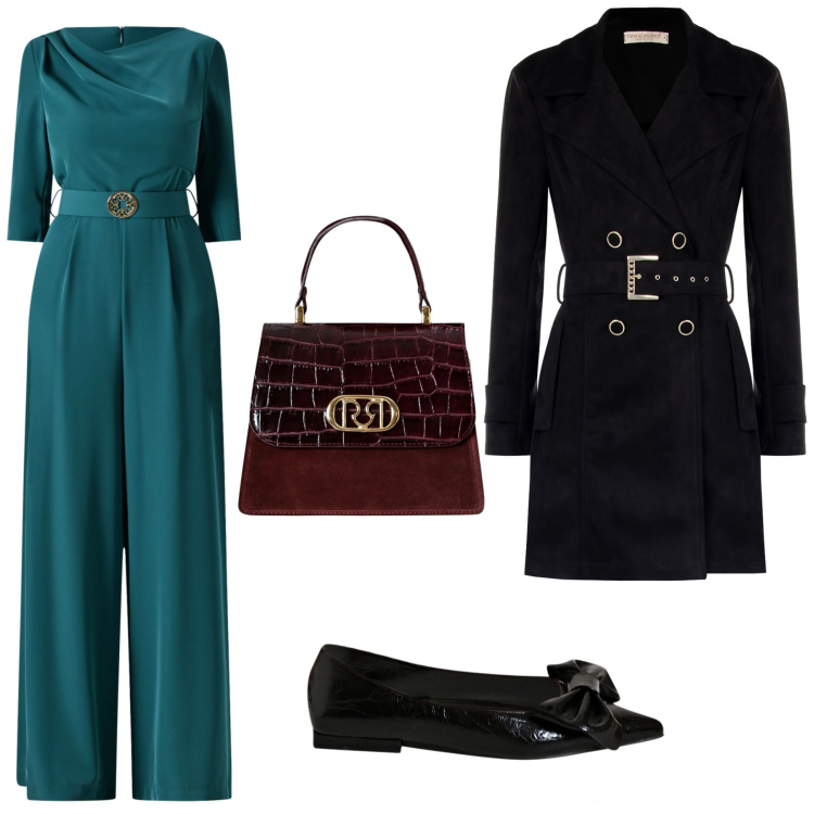 Outfit donna - Cerimonia autunnale. Stile Chic per Cerimonia. Abbinamento con trench, vestiti chemisier, ballerine, borse a mano.