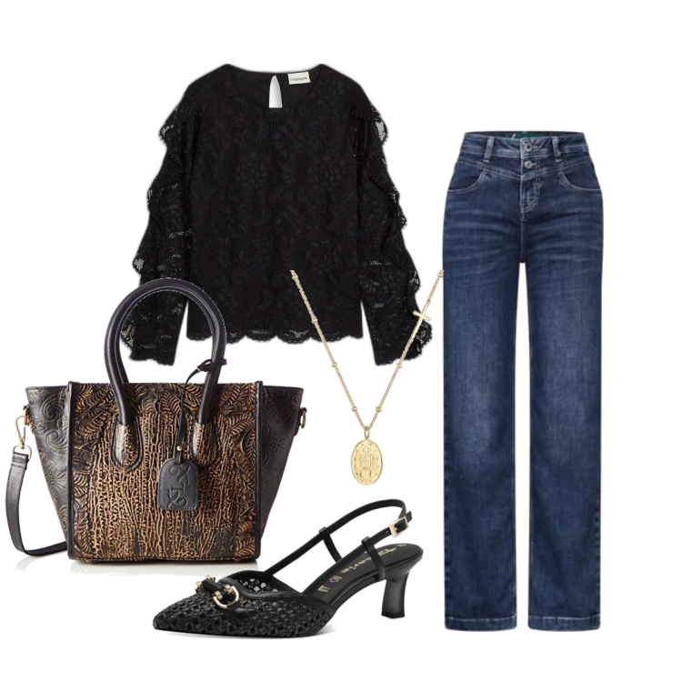 Outfit femme - Septembre. Style Casual chic pour Tous les jours. Assortir avec tuniques, jeans, colliers, sac cabas, chaussures à talon.