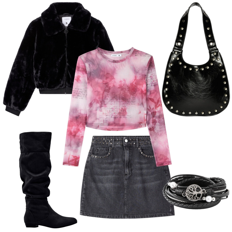 Outfit donna - La sera tra amici. Stile Glamour per Serata fuori. Abbinamento con braccialetti, stivali, t-shirt, ecopellicce, minigonne, borse a spalla.