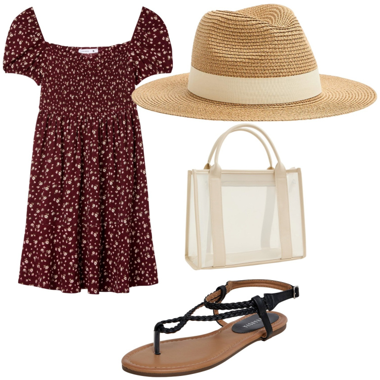 Outfit donna - Pomeriggio sul lungomare. Stile Casual per Tutti i giorni. Abbinamento con borse tote, vestiti corti, cappelli, ciabatte.