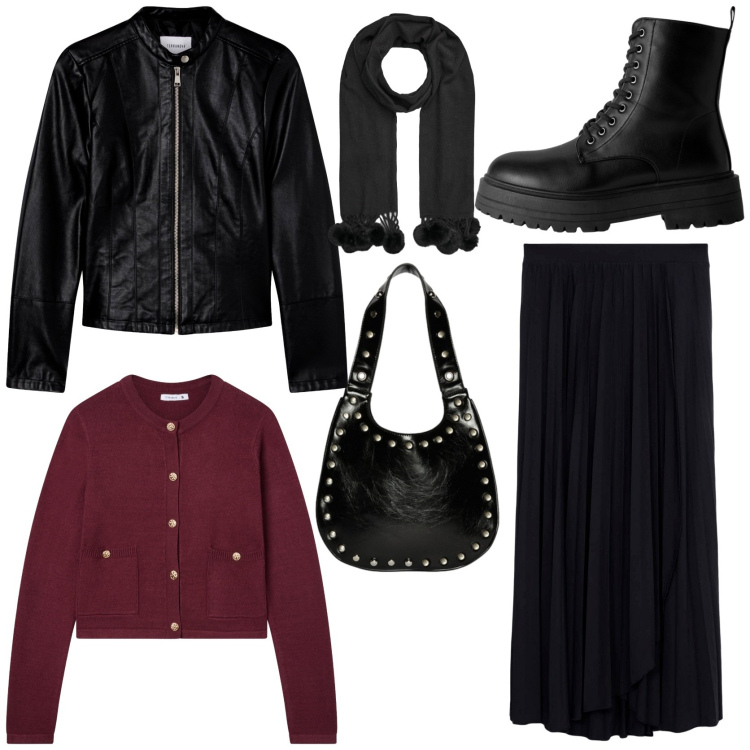Outfit donna - Look da mattina a sera. Stile Casual chic per Tutti i giorni. Abbinamento con gonne lunghe, giacche, cardigans, anfibi, sciarpe, borse a spalla.