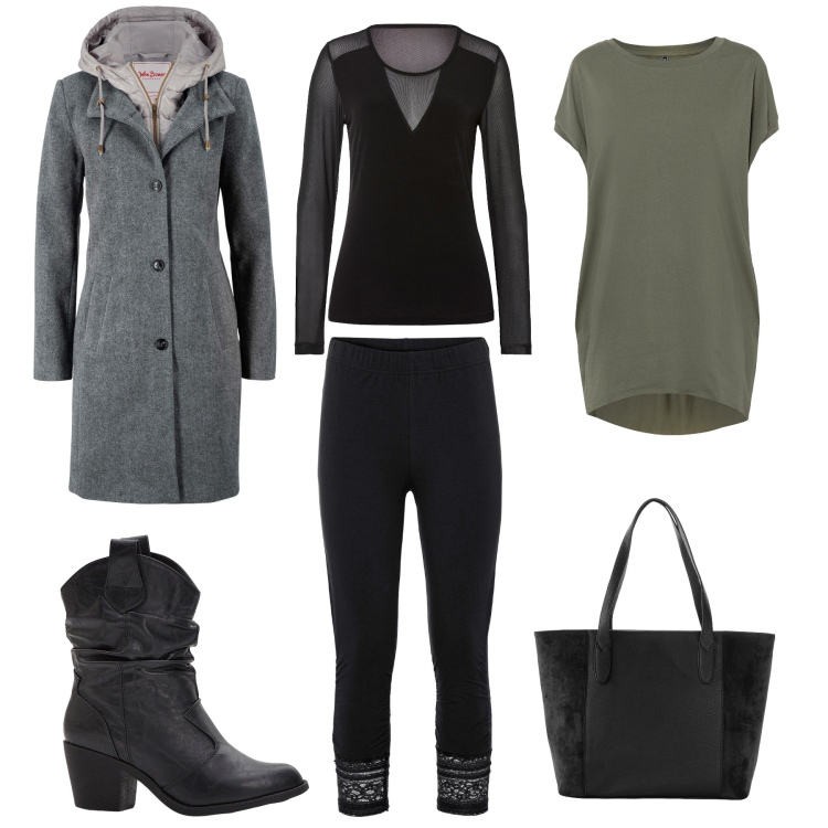 Outfit donna - Autunno. Stile Casual per Tutti i giorni. Abbinamento con maglieria, stivaletti texani, cappotti, shopping bag, leggings, maglieria.