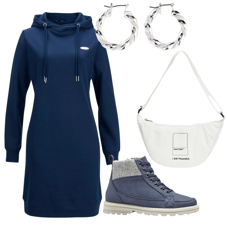 Outfit donna - L\'abito caldo. Stile Casual per Tutti i giorni. Abbinamento con vestiti, orecchini, stivaletti, marsupi.