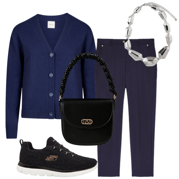 Outfit donna - Casual in blu. Stile Casual per Tutti i giorni. Abbinamento con sneakers, borse a mano, cardigans, ciondoli, pantaloni.