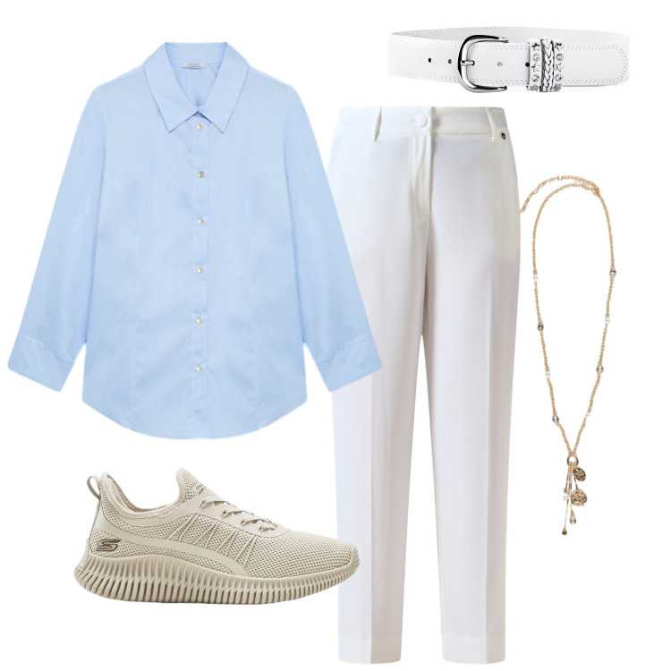 Outfit donna - Semplice camicia. Stile Basic per Tutti i giorni. Abbinamento con sneakers, cinture, pantaloni, camicie, ciondoli.