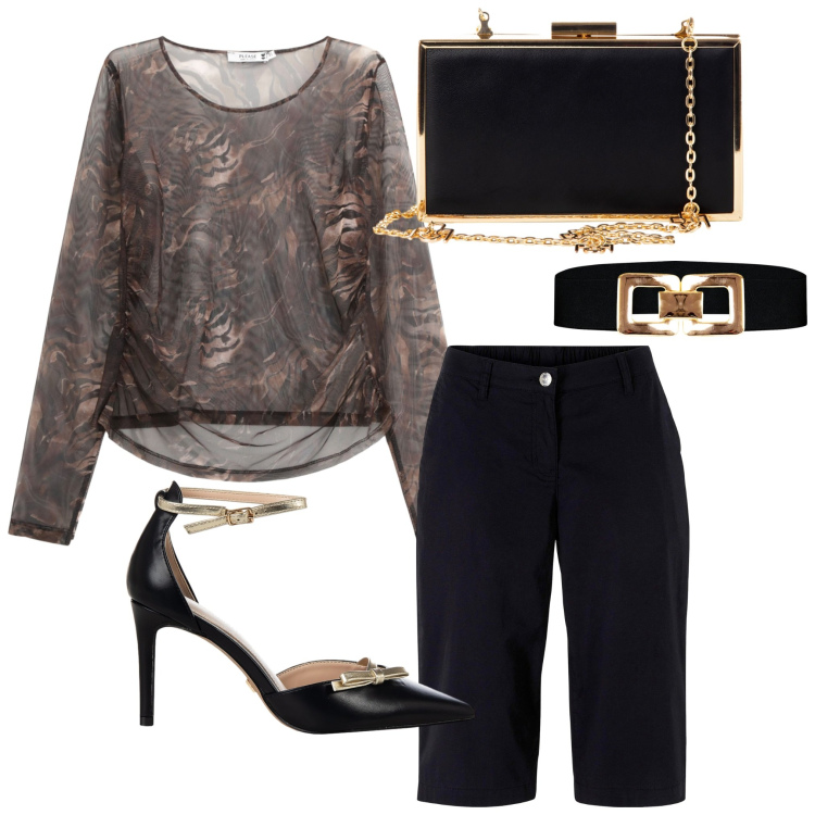 Outfit donna - Il tocco raffinato. Stile Casual chic per Tutti i giorni. Abbinamento con bermuda, maglieria, décolleté, pochette, cinture.