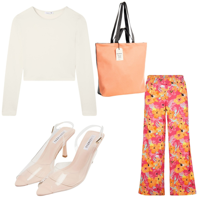 Outfit donna - Il pantalone anni 70. Stile 70s per Tutti i giorni. Abbinamento con pantaloni a palazzo, sandali col tacco, t-shirt, borse tote.