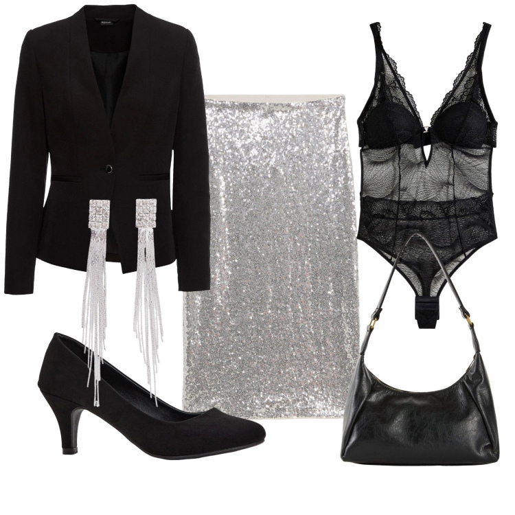 Outfit donna - Sexy night. Stile Chic per Serata fuori. Abbinamento con décolleté, orecchini, blazer, borse a mano, body, gonne.