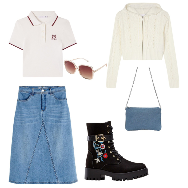 Outfit donna - Total look #2254437. Stile Casual per Tutti i giorni. Abbinamento con stivali, gonne, occhiali da sole, borse a tracolla, cardigans, polo.