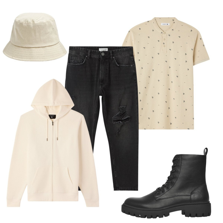 Outfit uomo - Stile Terranova. Stile Casual per Tutti i giorni. Abbinamento con t-shirt, cappelli, jeans strappati, anfibi, felpe con cappuccio.
