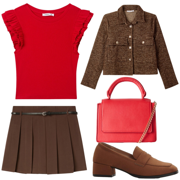 Outfit donna - Blazer d\'autunno. Stile Casual per Tutti i giorni. Abbinamento con scarpe col tacco, blazer, t-shirt, borse a tracolla, minigonne.