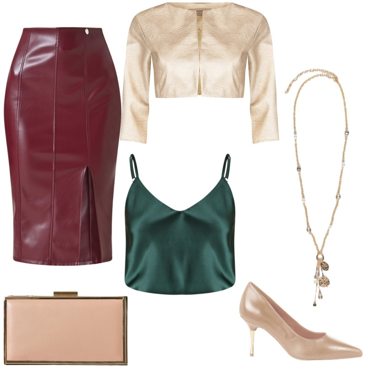 Outfit donna - Autunno. Stile Casual chic per Serata fuori. Abbinamento con bolero, gonne longuette, décolleté, pochette, top, ciondoli.