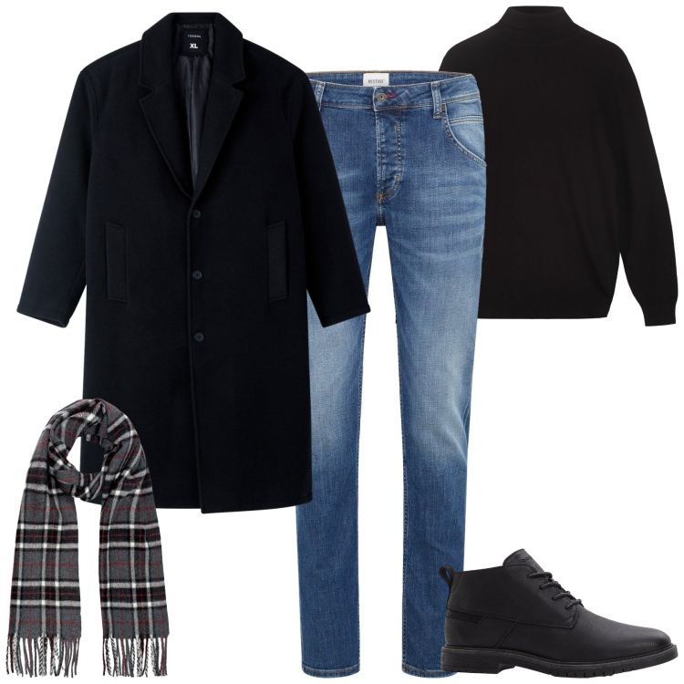 Outfit uomo - Total look #2254445. Stile Casual per Tutti i giorni. Abbinamento con jeans dritti, stivali e stivaletti, cappotti, maglieria, sciarpe.