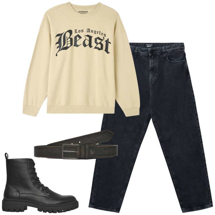 Outfit uomo - Total look #2254446. Stile Casual per Tutti i giorni. Abbinamento con anfibi, cinture, jeans, felpe.