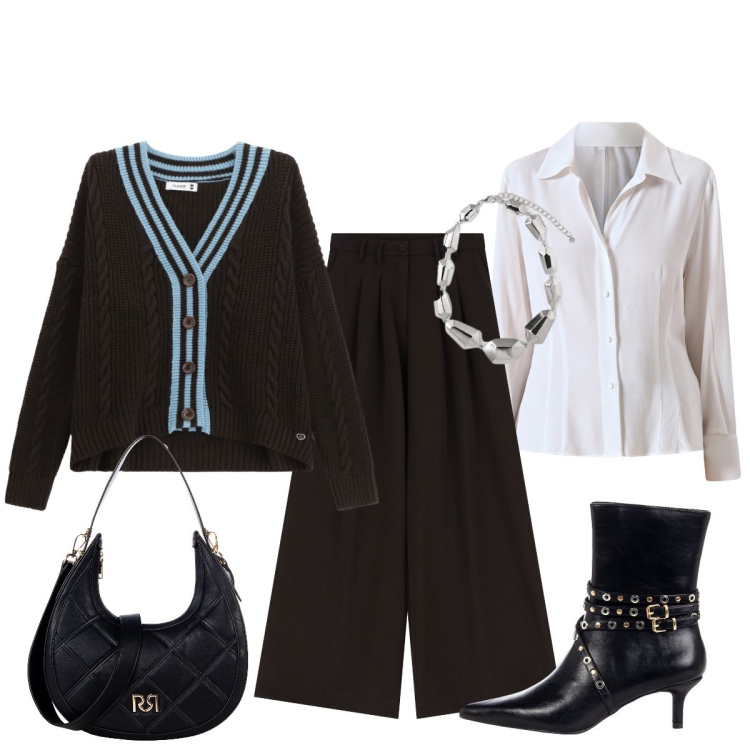 Outfit donna - In città. Stile Bon Ton per Ufficio. Abbinamento con pantaloni, cardigans, stivaletti, borse a tracolla, camicie, ciondoli.