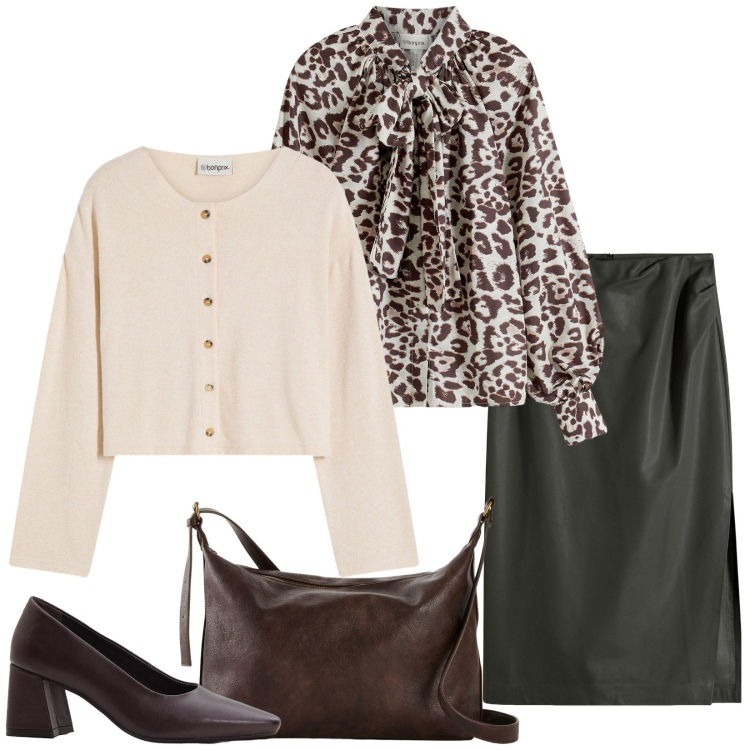 Outfit donna - La camicia col fiocco. Stile Casual chic per Ufficio. Abbinamento con camicie, gonne longuette, décolleté, cardigans, borse a tracolla.