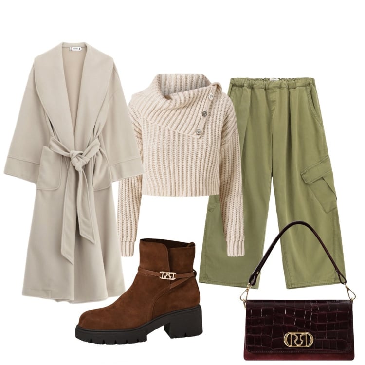 Outfit donna - Il morbido cappotto a vestaglia. Stile Minimal per Tutti i giorni. Abbinamento con pantaloni cargo, cappotti, maglieria, stivaletti, borse a mano.