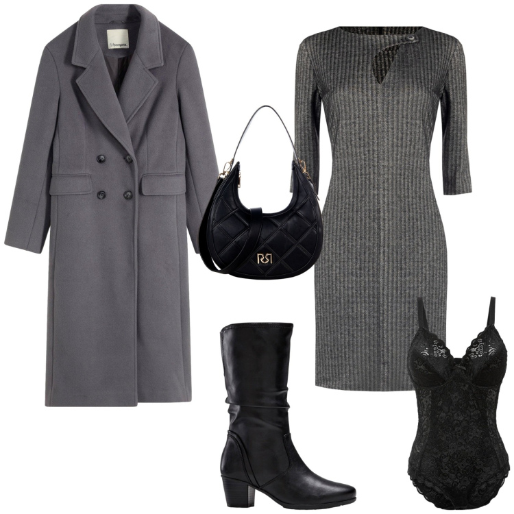 Outfit donna - Total look #2254454. Stile Minimal per Tutti i giorni. Abbinamento con body, stivali, cappotti, borse a tracolla, vestiti midi/longuette.
