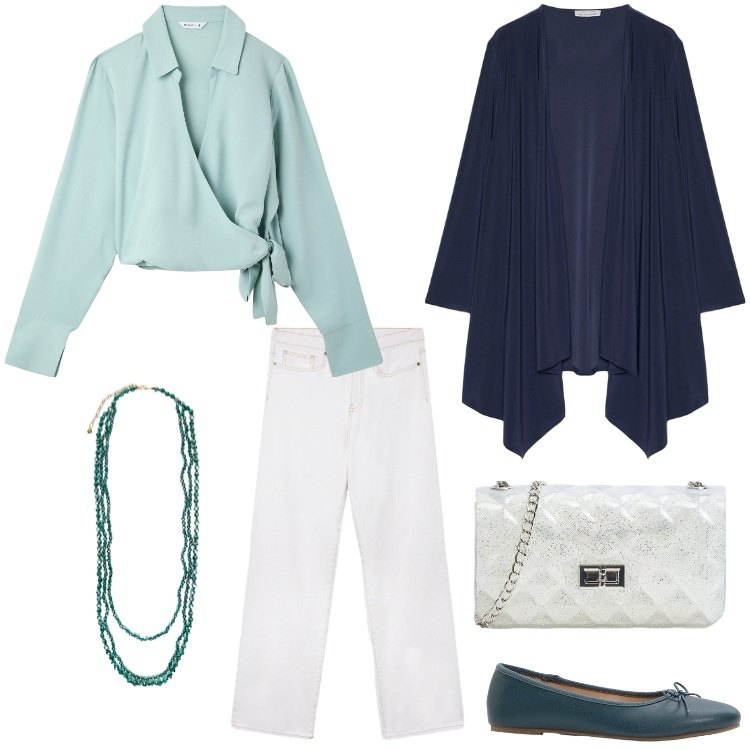 Outfit donna - Autunno_01. Stile Casual per Tutti i giorni. Abbinamento con ballerine, borse a tracolla, camicie, jeans dritti, blazer, collane.