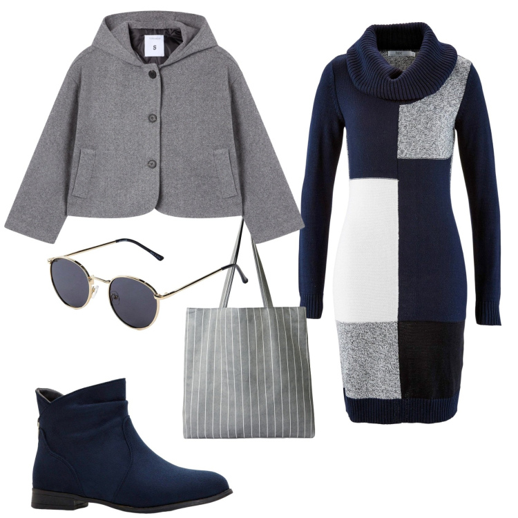 Outfit donna - Total look #2254460. Stile Minimal per Tutti i giorni. Abbinamento con vestiti midi/longuette, stivaletti, occhiali da sole, shopping bag, caban.
