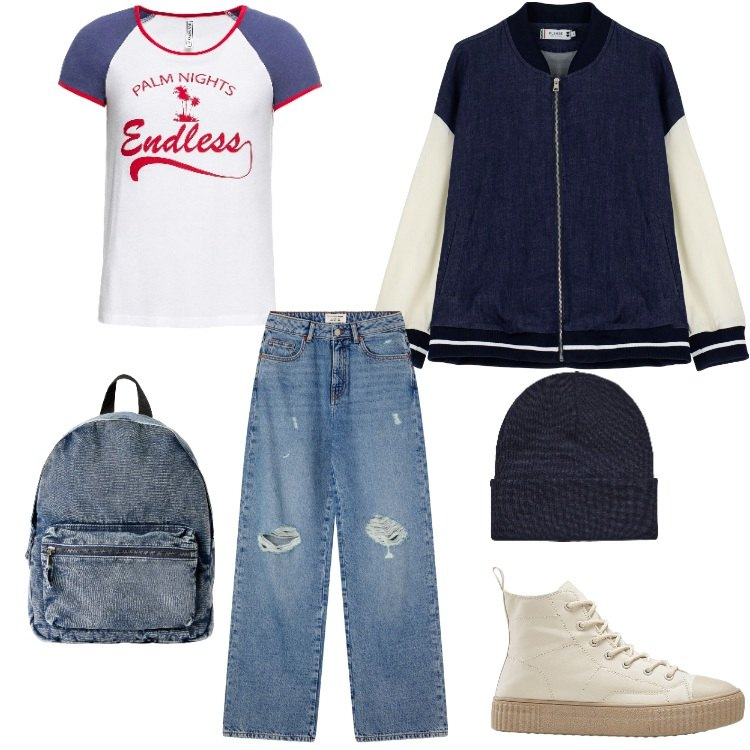Outfit donna - Autunno-02. Stile Sporty chic per Sport. Abbinamento con t-shirt, sneakers alte, zaini, jeans strappati, berretti, bomber.