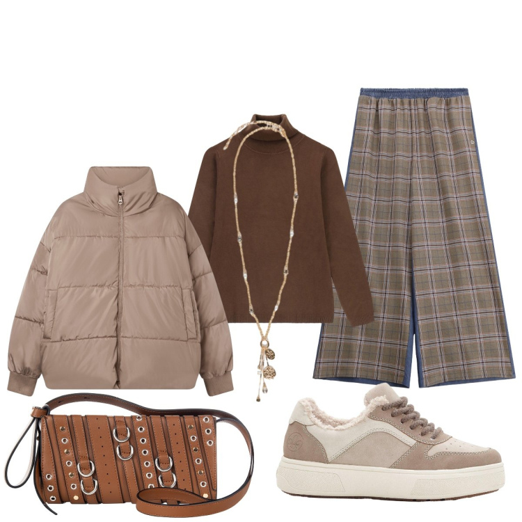 Outfit donna - Total look #2254465. Stile Casual chic per Tutti i giorni. Abbinamento con sneakers, bomber, borse a spalla, pantaloni a palazzo, maglieria, ciondoli.