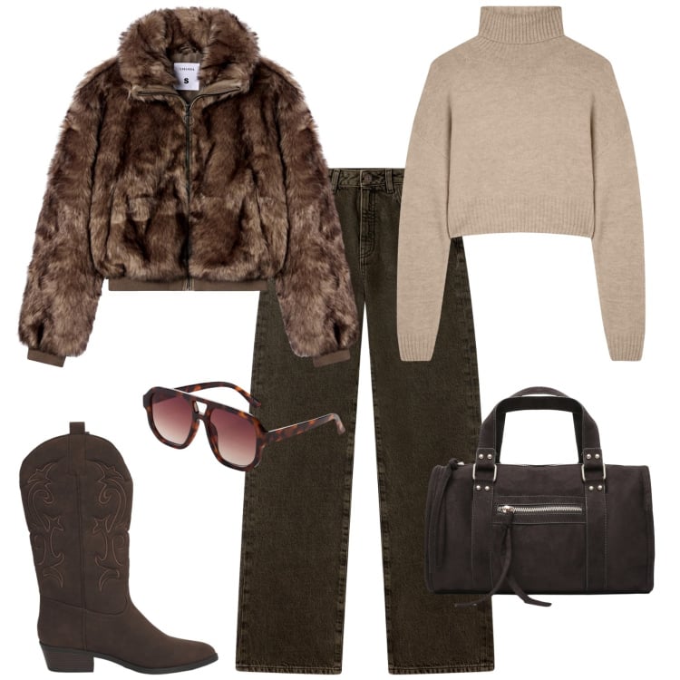 Outfit donna - Total look #2254466. Stile Glamour per Tutti i giorni. Abbinamento con occhiali da sole, borse a mano, jeans dritti, maglieria, ecopellicce, stivaletti texani.