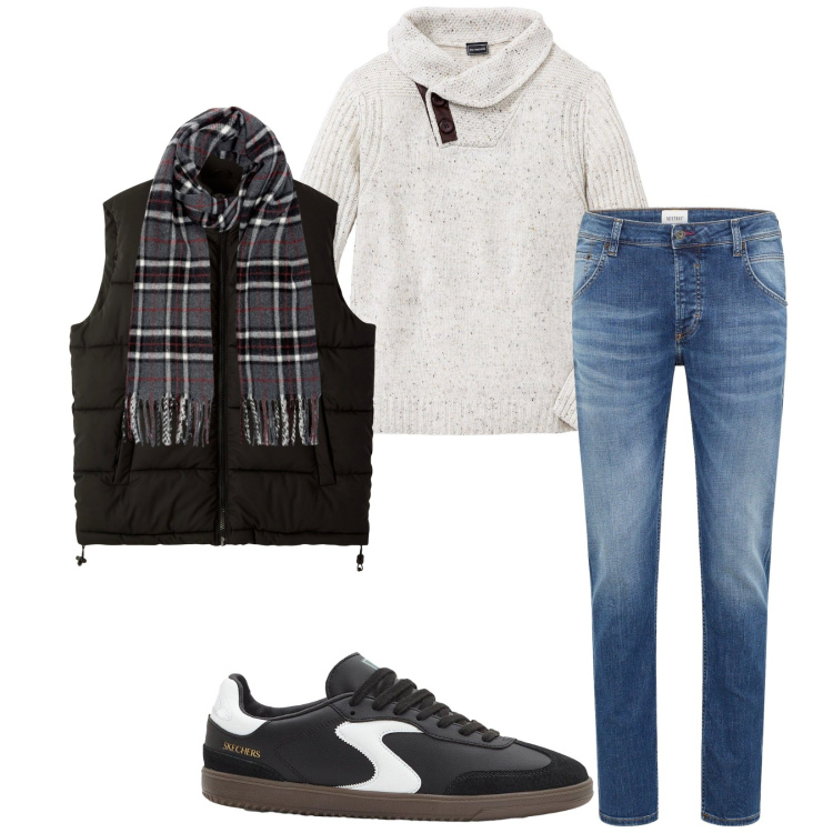 Outfit uomo - Total look #2254471. Stile Casual per Tutti i giorni. Abbinamento con sneakers, jeans dritti, maglieria, piumini, sciarpe.