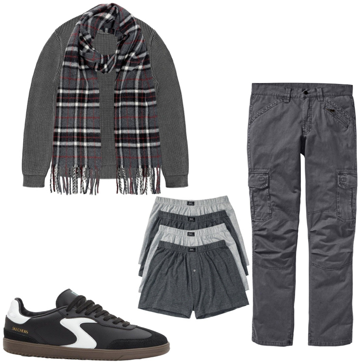 Outfit uomo - Total look #2254474. Stile Casual per Tutti i giorni. Abbinamento con pantaloni cargo, boxer, sneakers, maglieria, sciarpe.