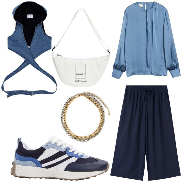 Outfit donna - Blu su blu. Stile Casual chic per Tutti i giorni. Abbinamento con bluse, sneakers, gilet, pantaloni a palazzo, marsupi, collane.