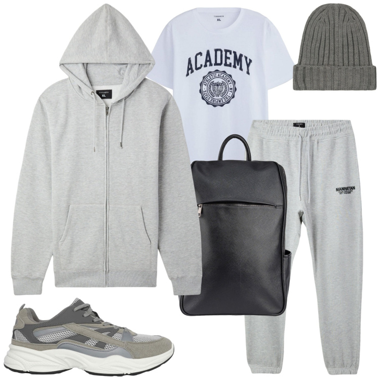 Outfit uomo - In palestra. Stile Casual per Sport. Abbinamento con sneakers, felpe con cappuccio, pantaloni sportivi, t-shirt sportive, borse sportive, berretti.