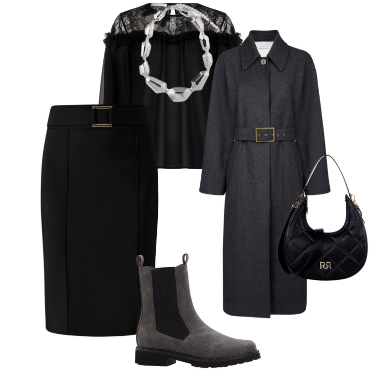 Outfit donna - Aperitivo e poi cena. per Serata fuori. Abbinamento con stivaletti chelsea, borse a tracolla, gonne, bluse, cappotti, ciondoli.