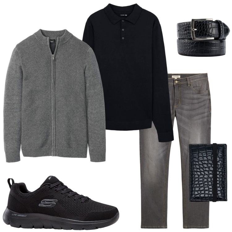 Outfit uomo - Casual style. Stile Casual per Tutti i giorni. Abbinamento con jeans dritti, cardigans, sneakers, polo, portafogli, cinture.